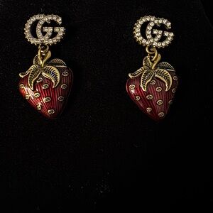 Gucci Gold-Tone Crystal GG Red Strawberry Drop Earrings